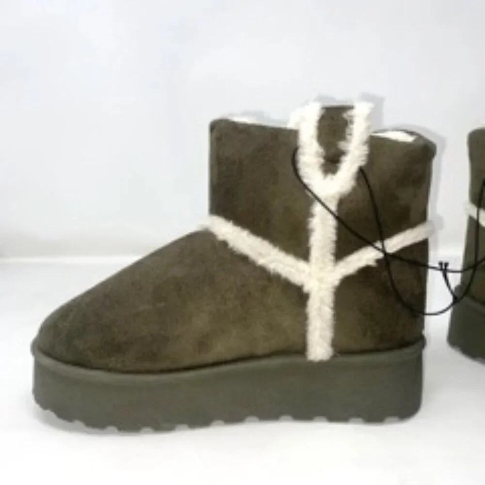 Love83 LM-11937-OL Platform Short Ankle Booties Faux Fur Olive Green Size 8